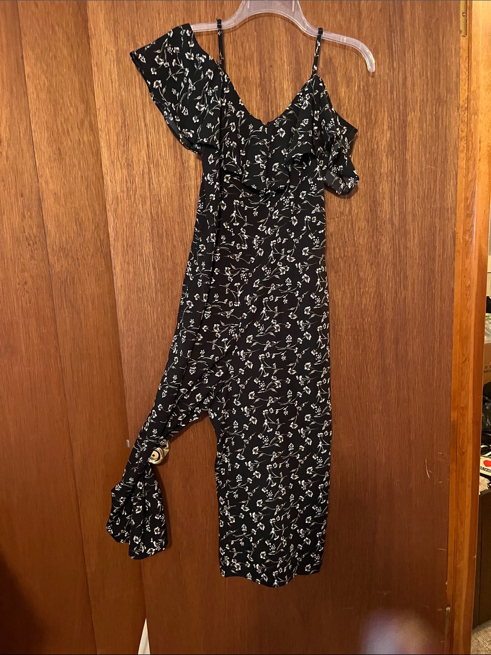 Xhilaration Black Floral Ruffle Jumpsuit with Spaghetti Straps